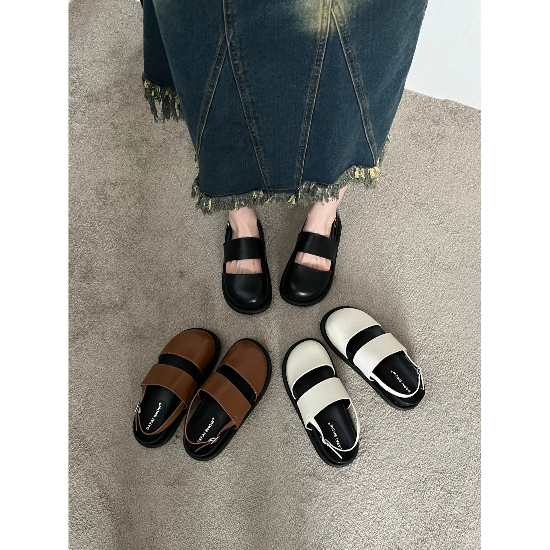 Retro apricot women's sandals with a raised sole, closed toe, and an adjustable ankle strap buckle.