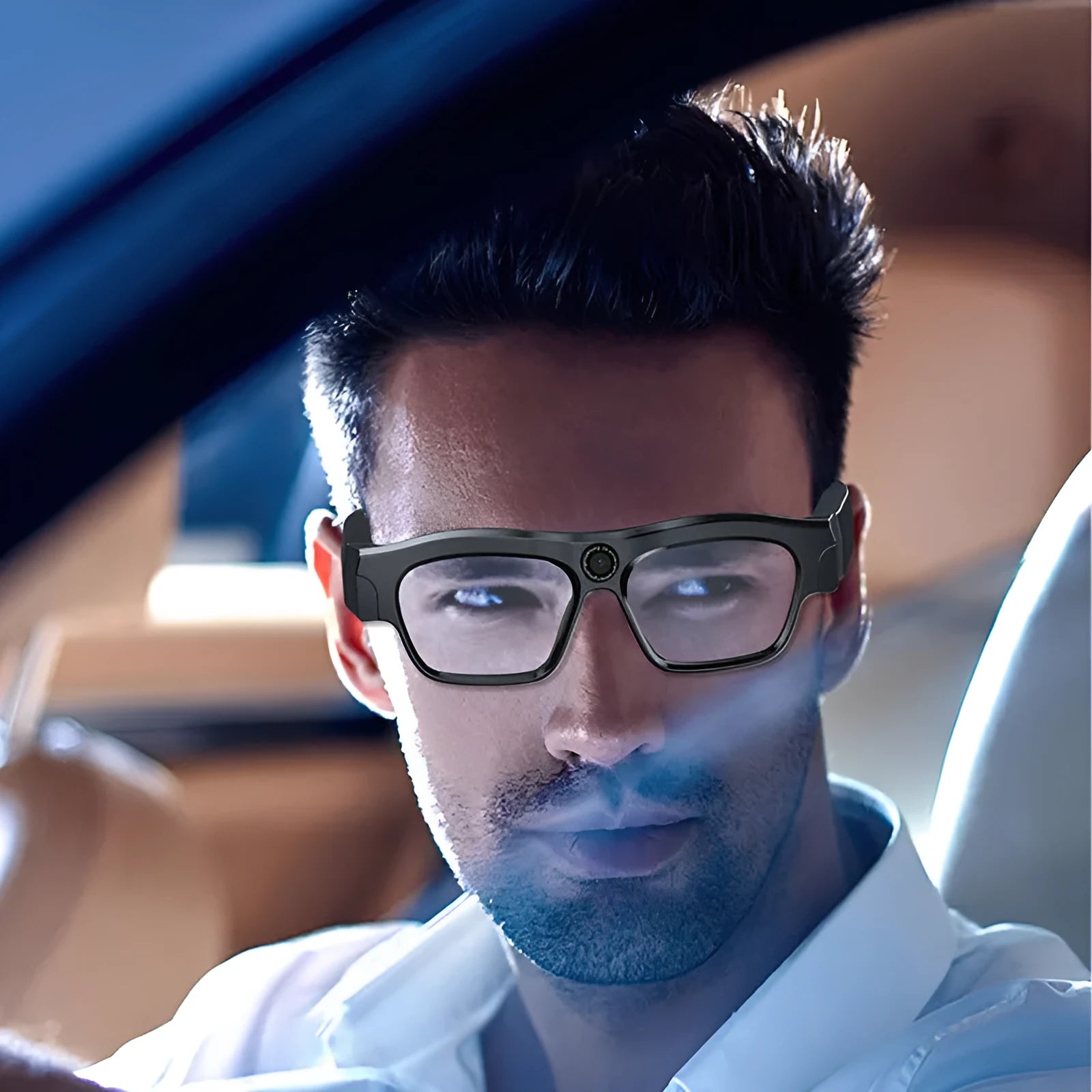 Black smart Bluetooth glasses with transparent lenses for head-mounted video recording