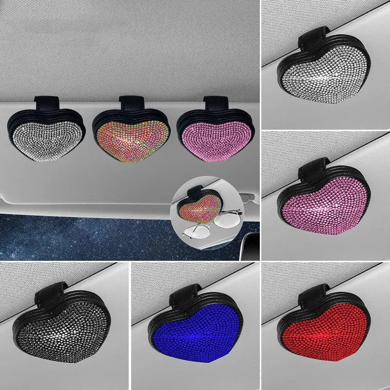 Diamond-encrusted PU leather car sun visor organiser clip with magnetic document holder and glasses storage
