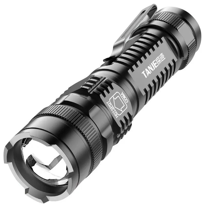 Black aluminium alloy mini telescopic flashlight with pocket clip and adjustable focus zoom.