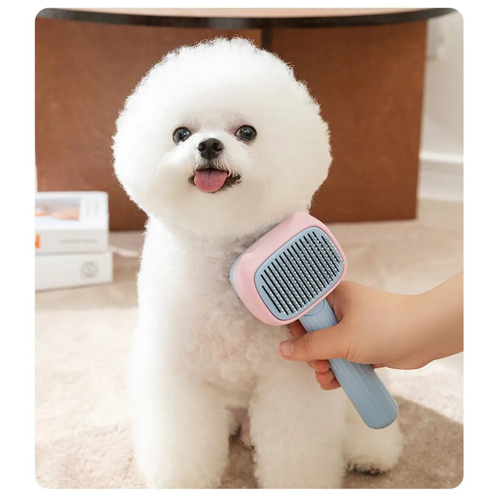 Blue double-sided pet grooming brush showing deshedding rake and dematting comb sides