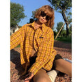 Dopamine yellow plaid shirt with loose fit cardigan-style design on chemical fibre blend fabric