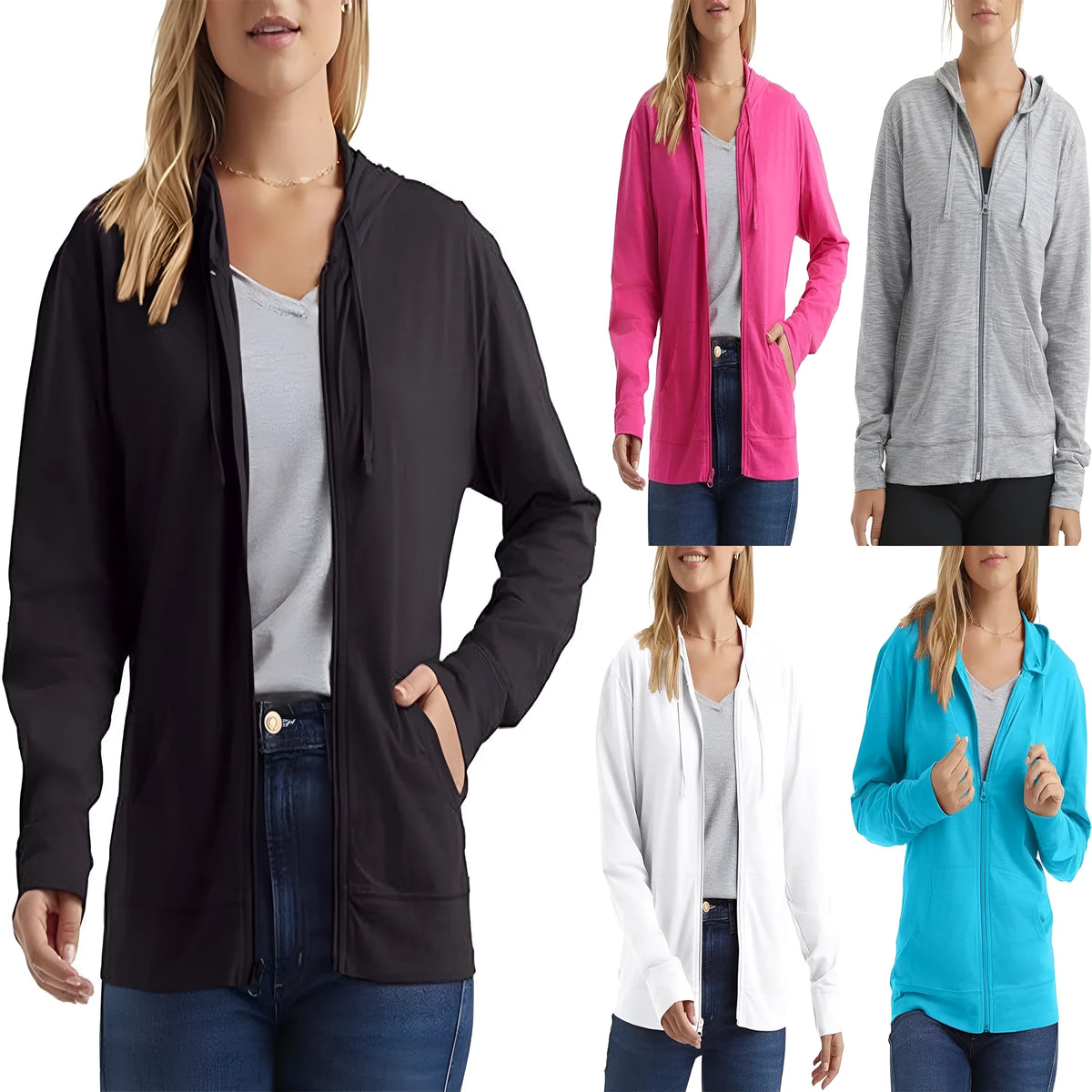 Women's loose fit pullover hoodie in solid black, long sleeve, polyester, size S-XXL