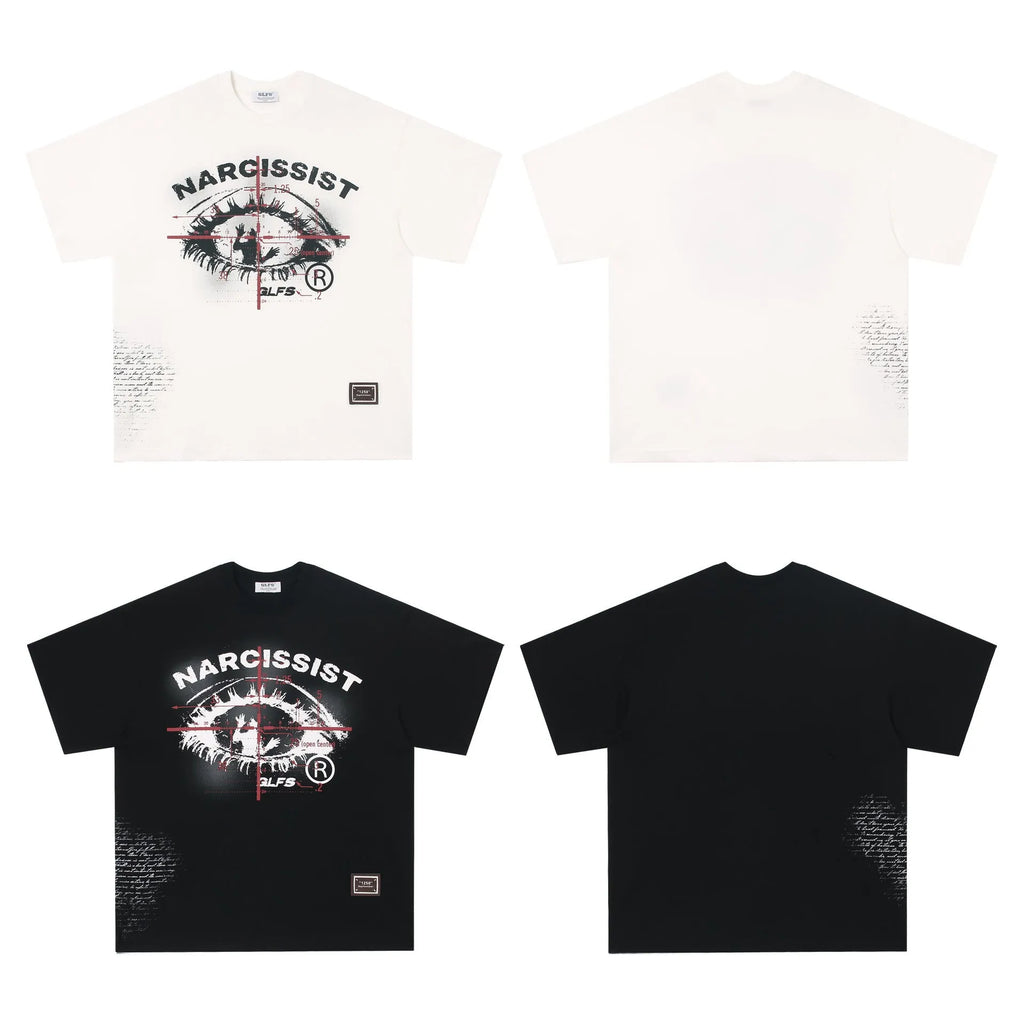 Black and white American retro hip hop gothic T-shirt with letter designs, pure cotton, short sleeves