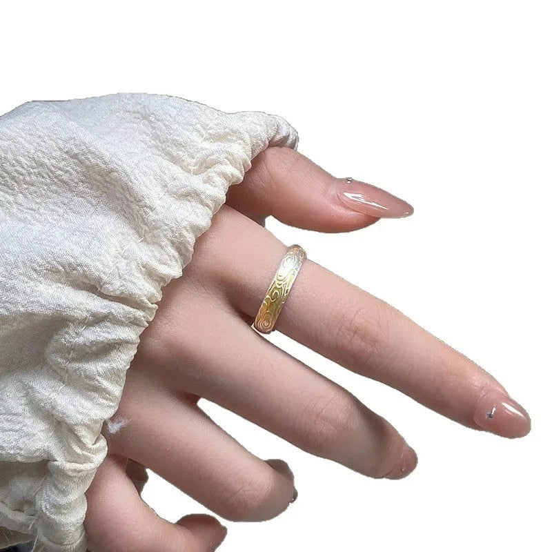 Adjustable white copper ring with Xiangyun pattern and gold electroplated finish