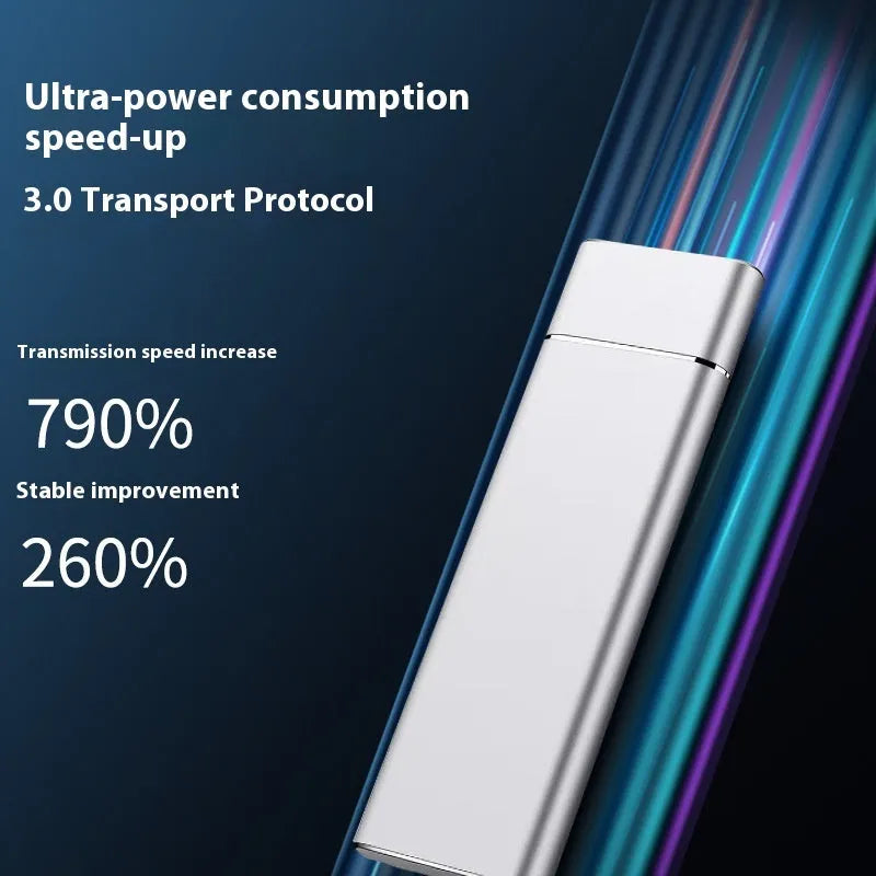 Sapphire blue portable solid state external hard disk with metal shell showing USB connection port