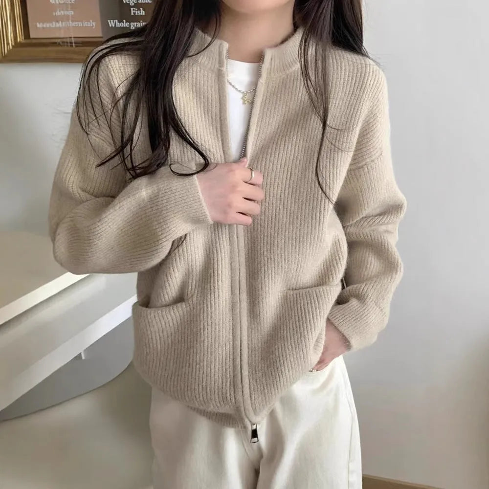 Women's soft viscose sweater coat cardigan in beige, available in small and plus sizes.