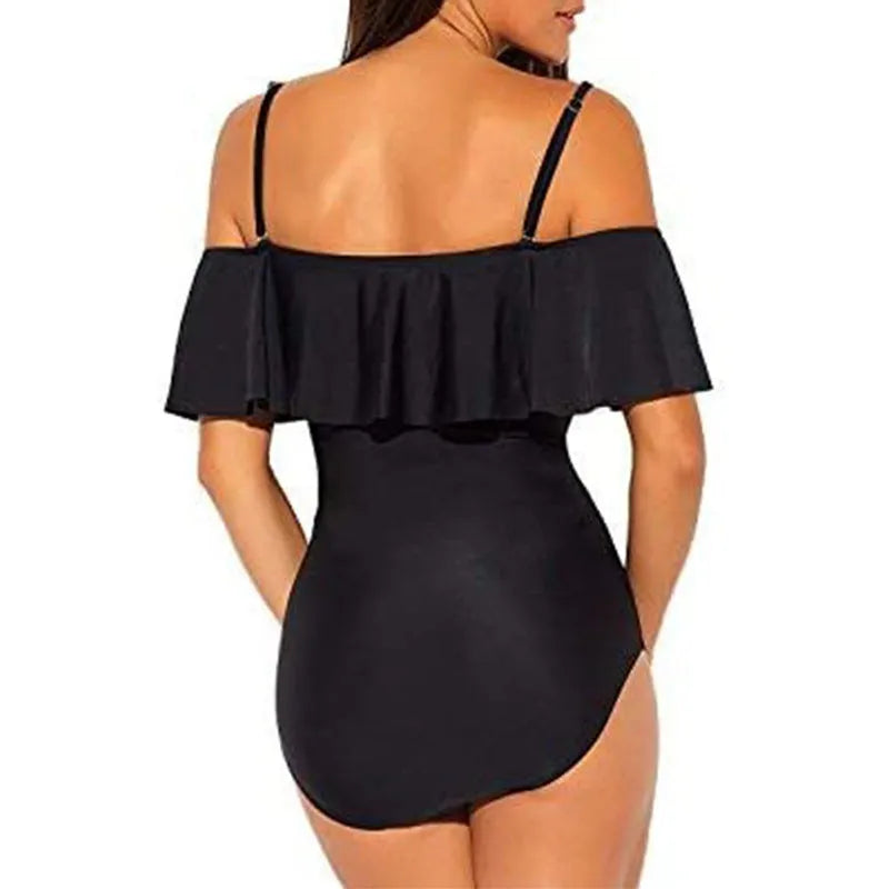 Black women's one-piece swimsuit with front cut-out design and ruffled shoulder straps