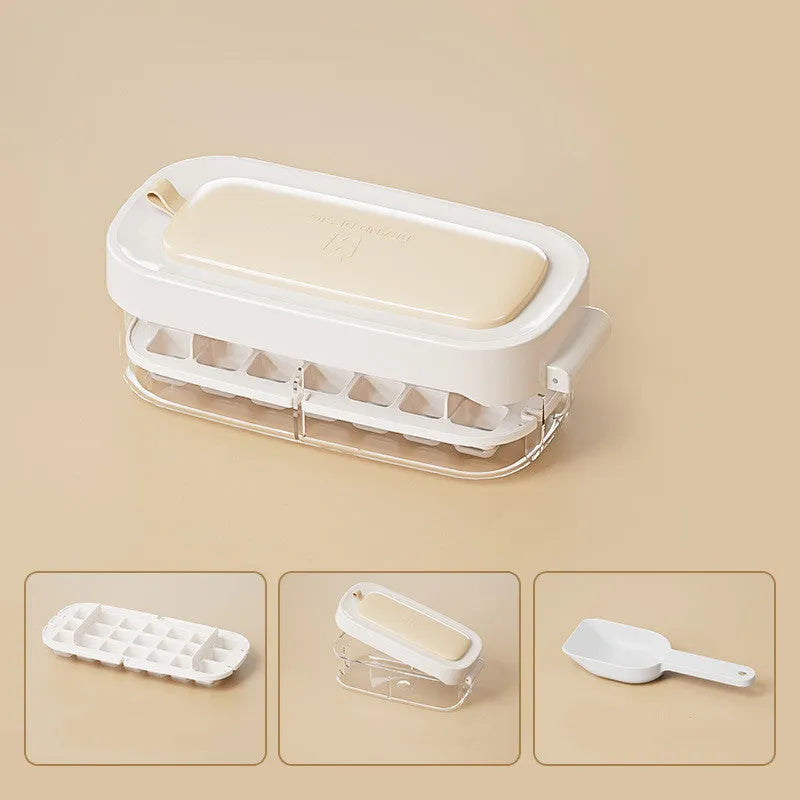 Food-grade plastic high capacity ice cube tray with grid and stored ice shovel in blue colour.