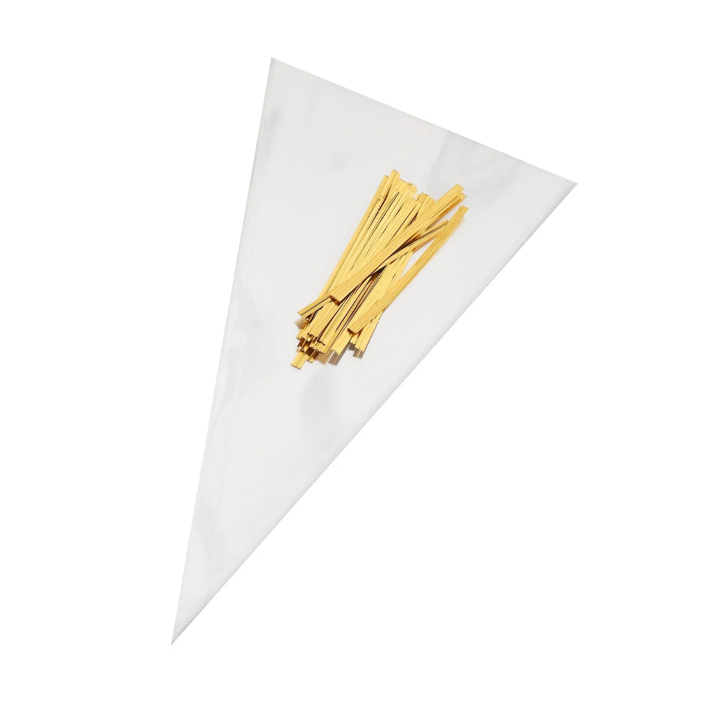 Clear triangle-shaped plastic packaging bag with a twisted wire tie closure.