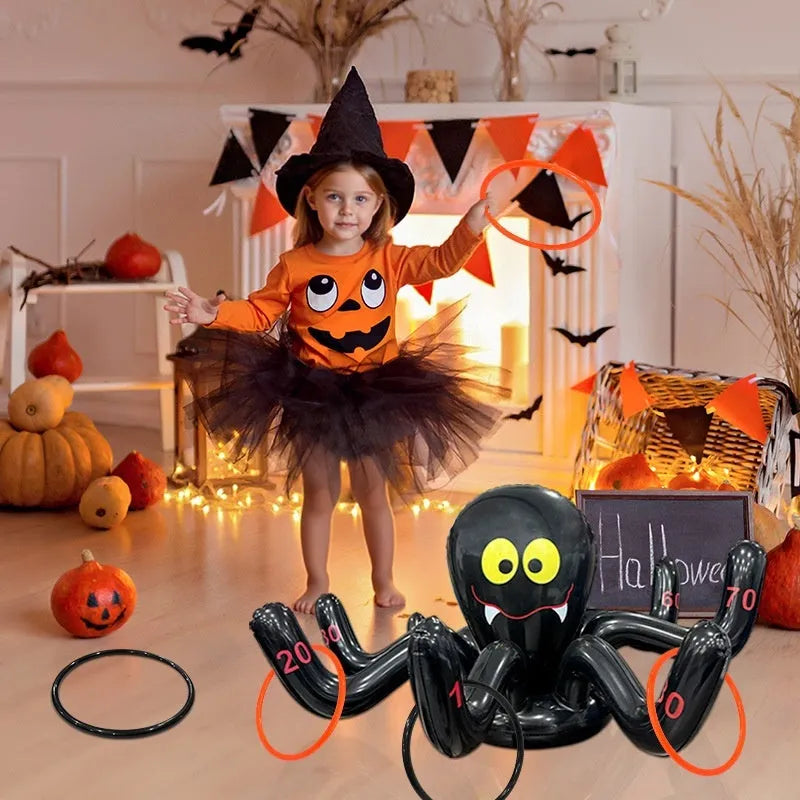 Assorted Halloween inflatable throwing toys including octopus, antlers, witch hat, and spider designs in various colours