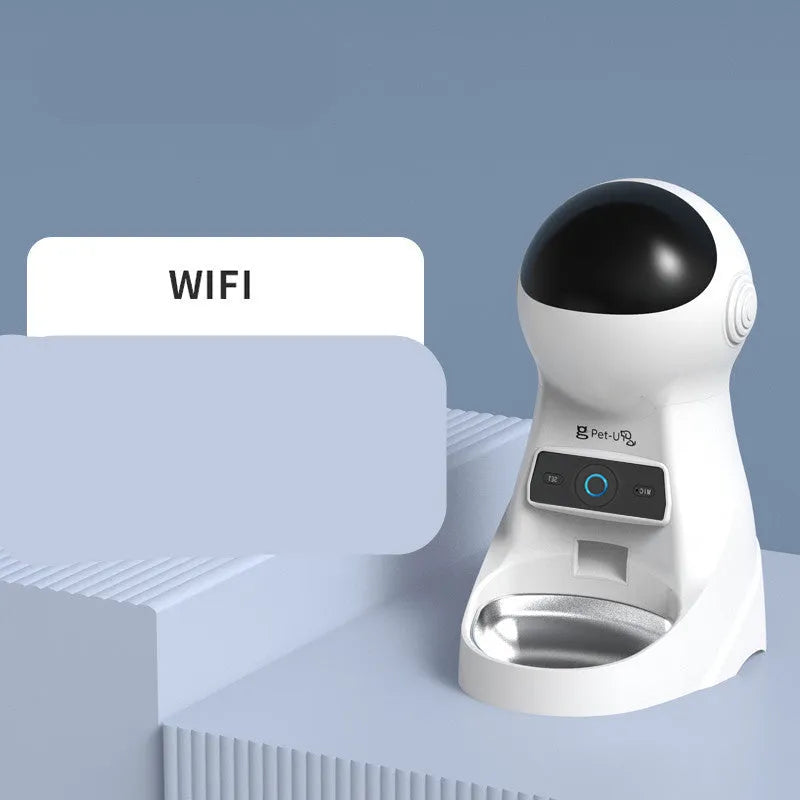White automatic pet feeder, L210 x W290 x H380 mm, with 3L dry food capacity and USB power cord