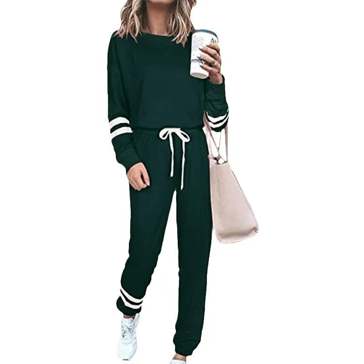Women's plus size casual suit set in loose-fitting design with long sleeves, available in seven solid colours