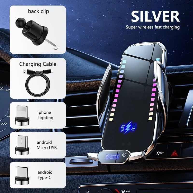 Car mobile phone holder with wireless charging and electric clamping in silver finish