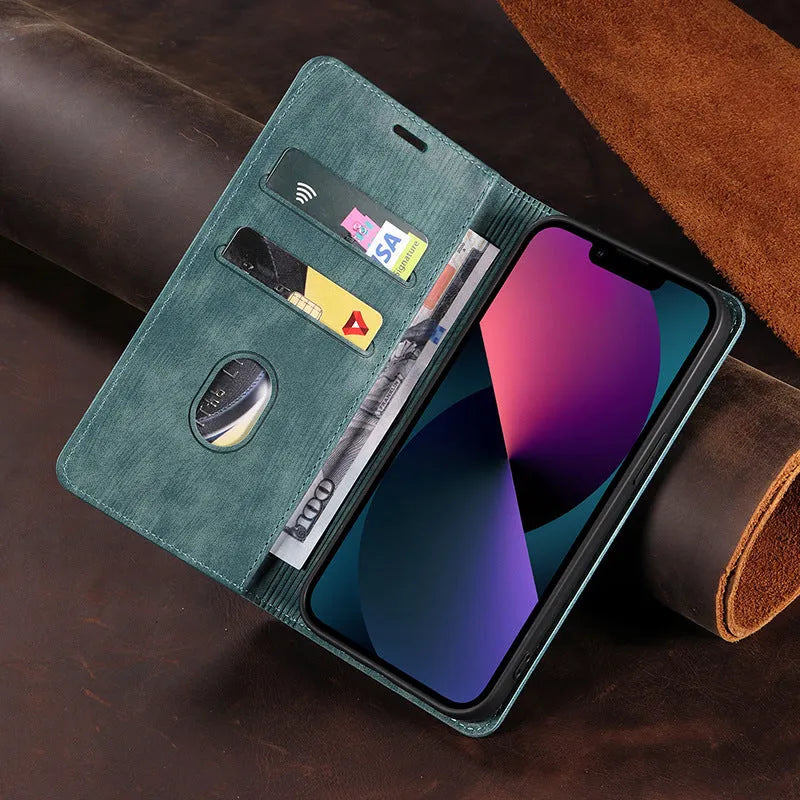 Genuine leather magnetic flip phone case in multiple colours for iPhone models.