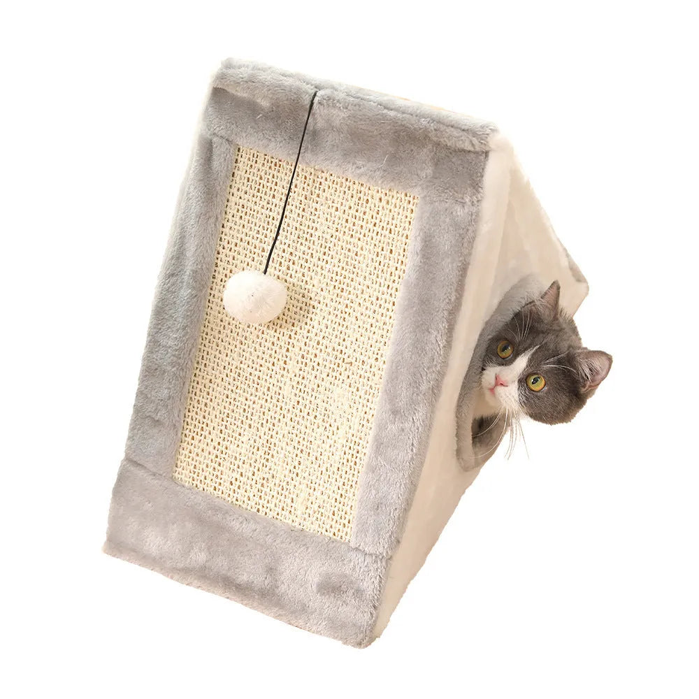 Grey and white triangular cat bed with sisal scratching side and soft fur sleeping mat.