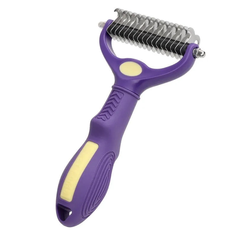 Purple double-sided plastic comb for removing knots from cat and dog fur during grooming