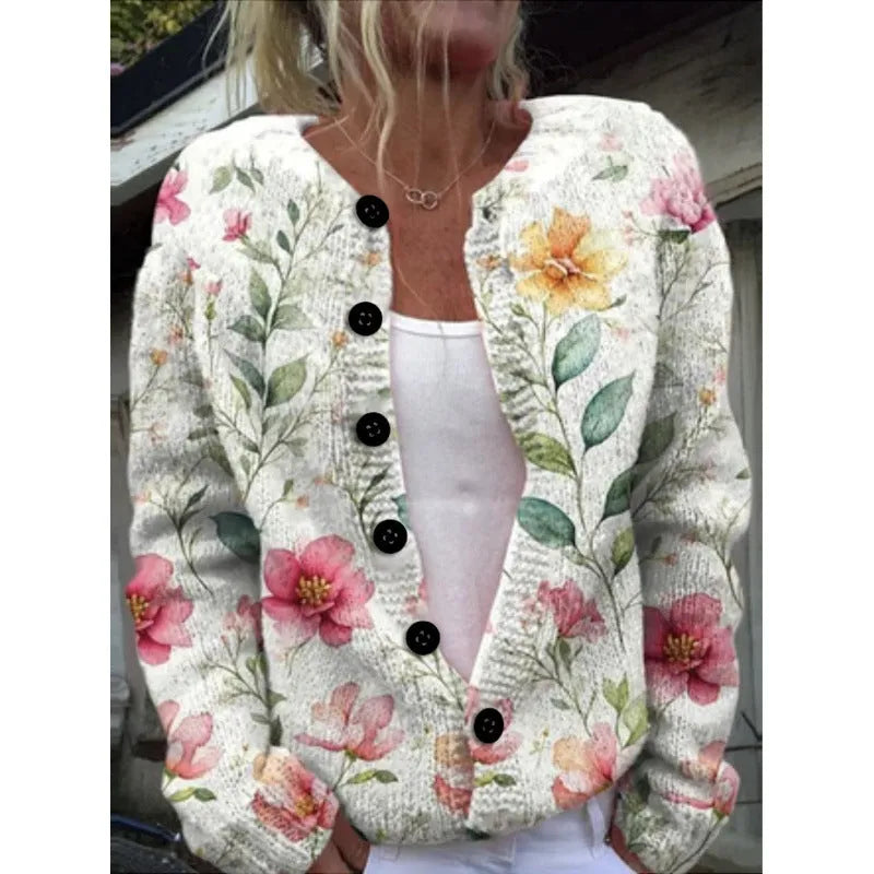 Yellow cardigan knitted coat with a 3D digital print pattern, shown open with regular sleeves.