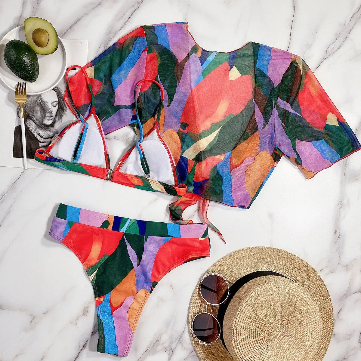 Red women's printed split swimsuit with European style pattern for swimming and water sports
