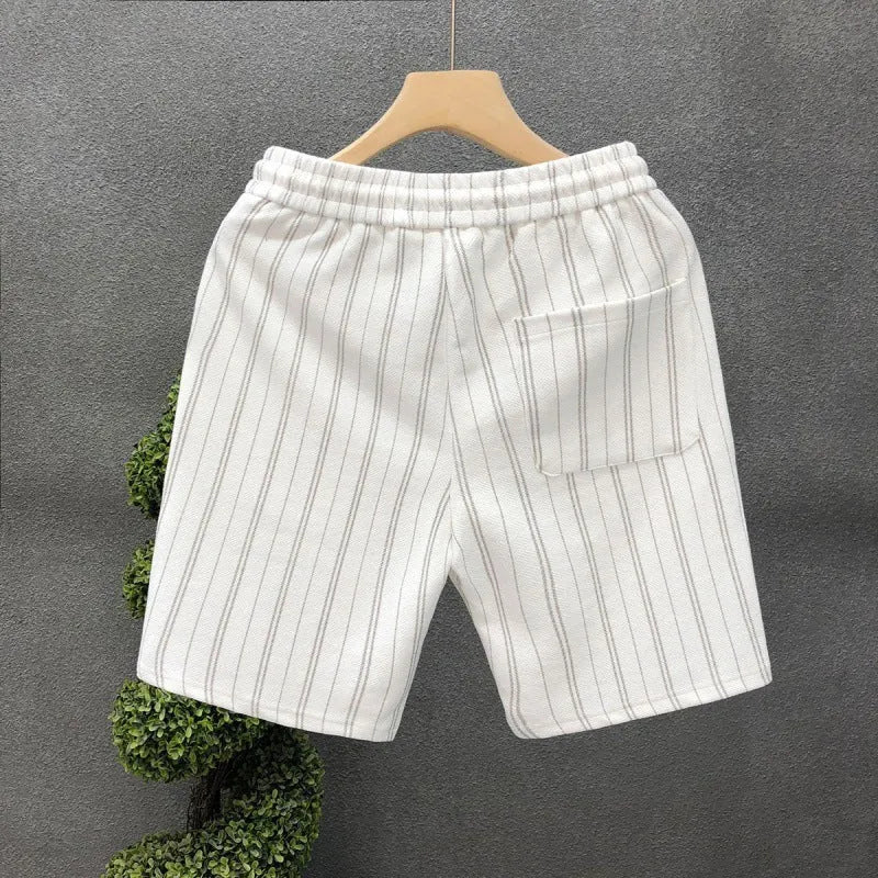 Men's black and white striped casual shorts with fleece lining and double-layer waistband