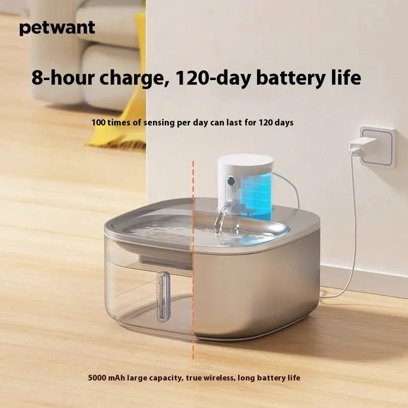 Stainless steel cat water dispenser with 3.2L capacity, lithium battery induction and wireless charging in Pawang
