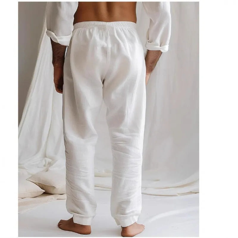 Men's light blue cotton-linen summer trousers with elastic waistband and straight leg design