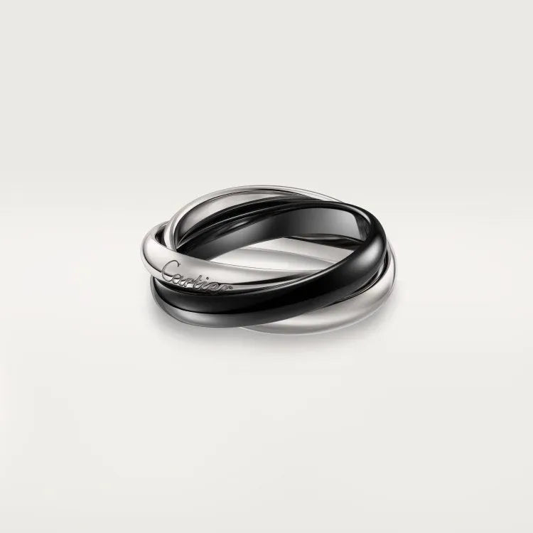 Three-band geometric couple rings in sterling silver with custom text elements and diamond options