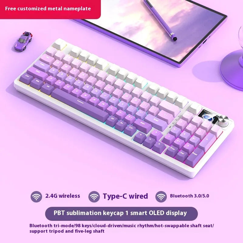 98 key wireless Bluetooth mechanical keyboard kit with metal knob on desk