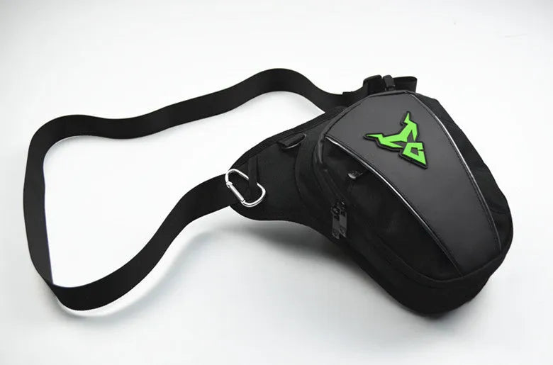 Motorcycle leg bag made of 1200D Oxford cloth in blue, shown mounted on a rider's thigh.