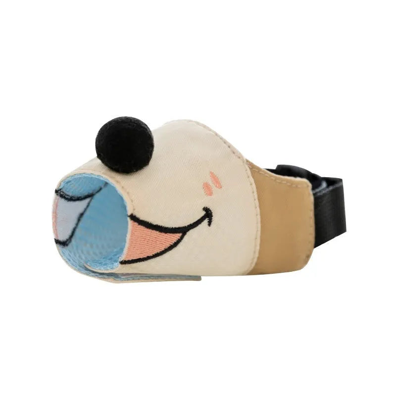 Canvas dog muzzle cover in Ollie Brown Bear or Bondi Blue Shark colours with four weight-based size options