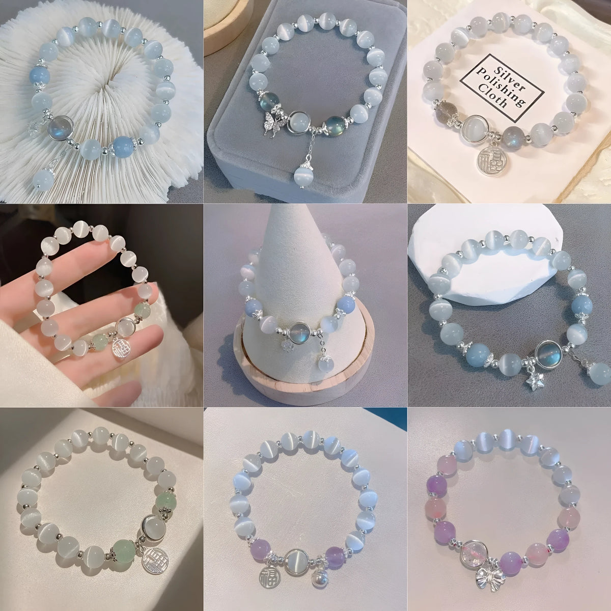 Women's handcrafted glass bead bracelet with butterfly design elements and grey colour tones