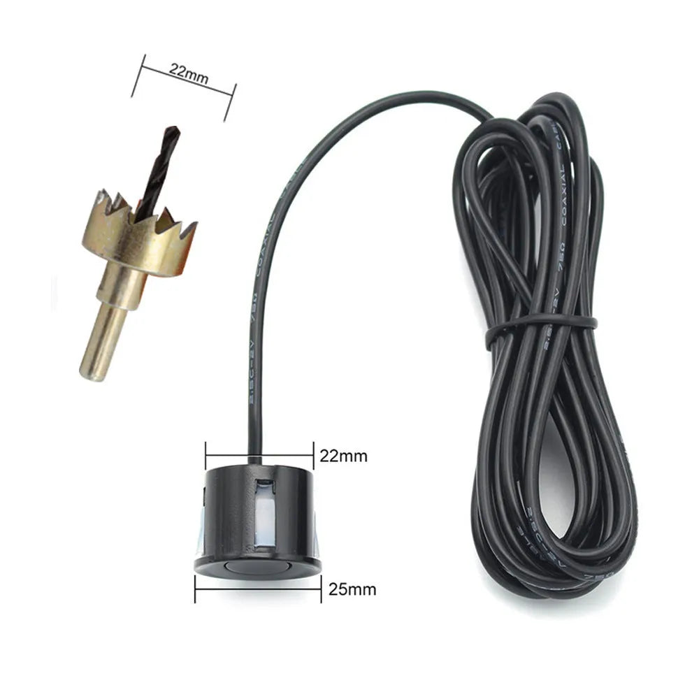 Wireless vehicle reversing sensor kit with main unit, four black probes, LED display, and installation tools.