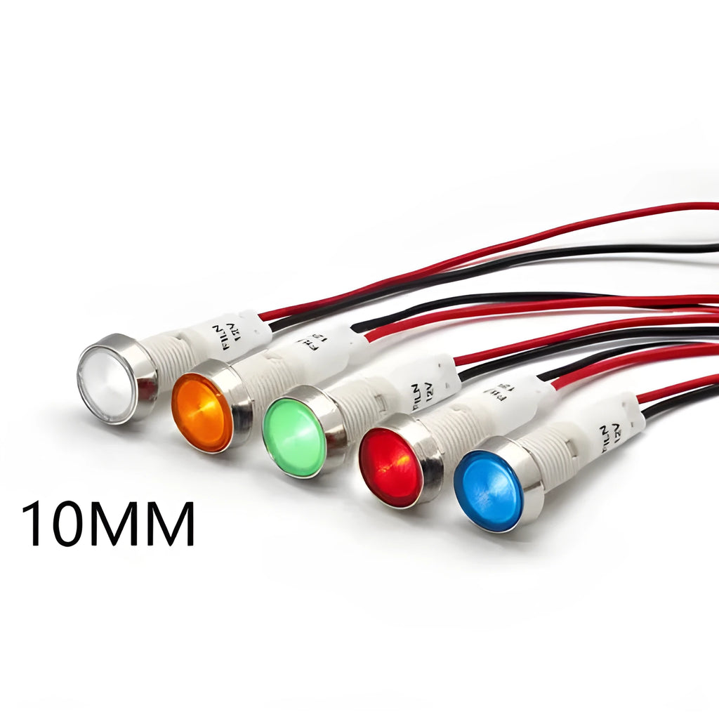 10mm stainless steel edge plastic indicator light with wire in multiple colour options