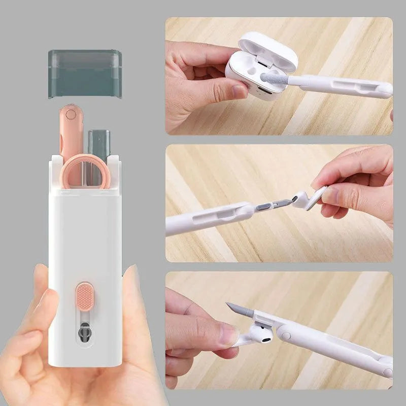 Multifunctional cleaning pen set with keycap puller, screen spray, and retractable brush in ABS, 60x130x15mm