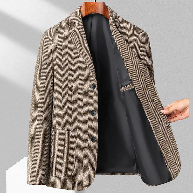 Men's loose fit solid colour woolen coat in black, shown on a model for casual autumn wear.