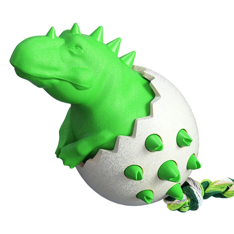 Blue durable dinosaur-shaped dog chew toy with an attached rope for aggressive chewers.