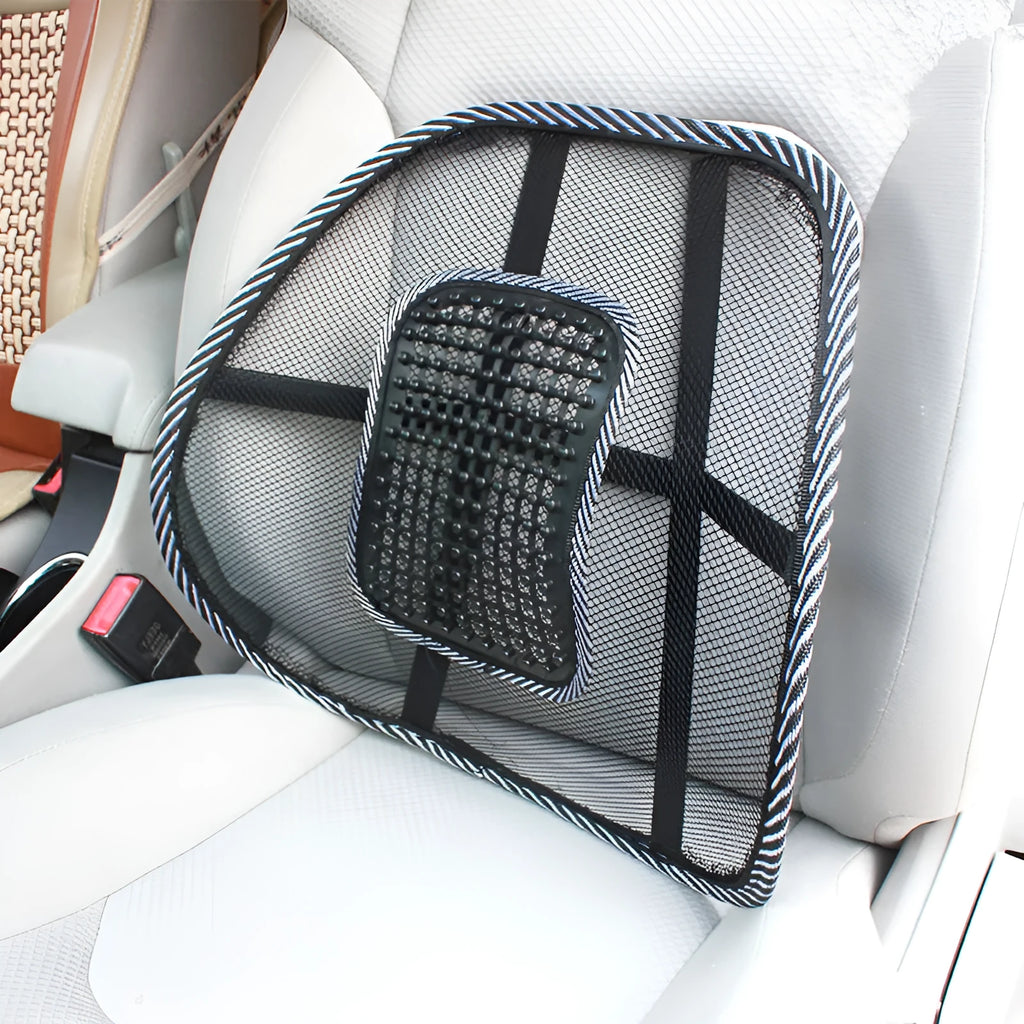Black car lumbar support pillow with leather exterior and steel wire frame for adjustable back support
