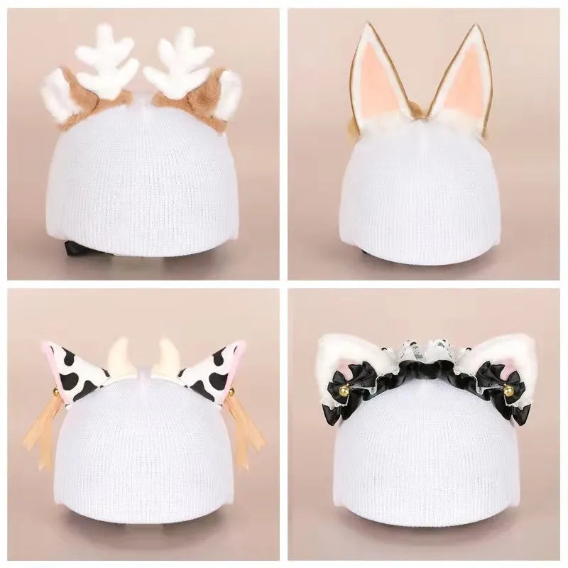 Soft plush cartoon character cover on a ski helmet for decoration.