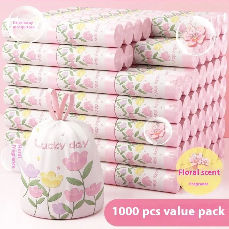 Pink degradable garbage bag with bold drawstring and argy wormwood mosquito repellent properties