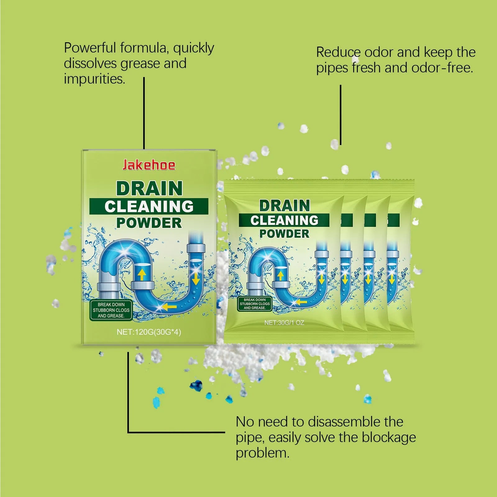 120g container of drain cleaning powder with chemical unblocking formula