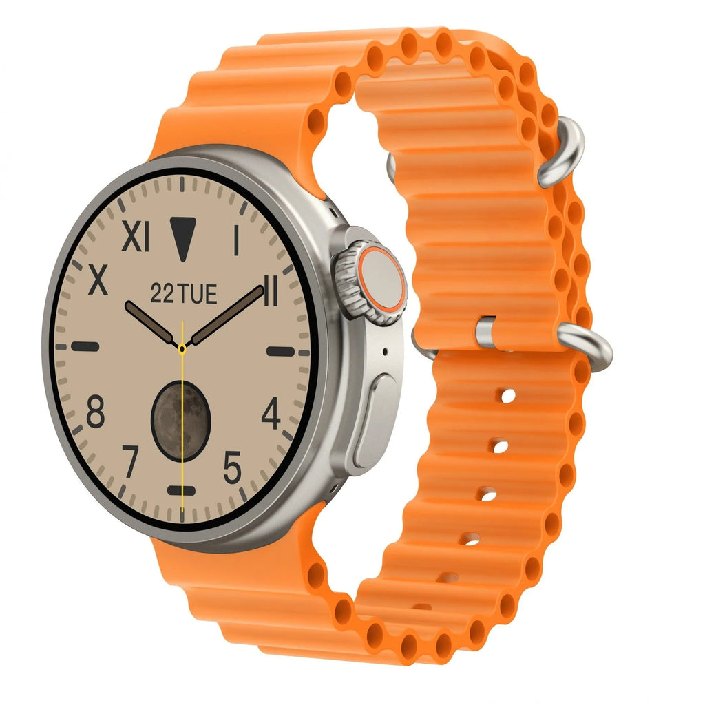 K9 smart watch with round screen showing health metrics and NFC payment interface
