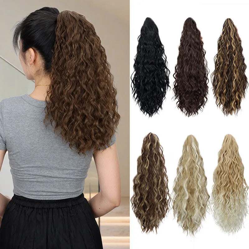 Corn curler wig with water ripple grip ponytail in high-temperature fibre on a stand.