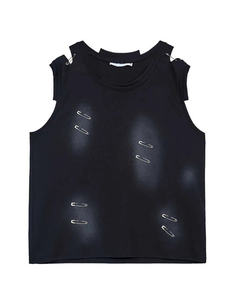 Men's black sleeveless vest waistcoat with irregular ripped cutting detail and round neck collar