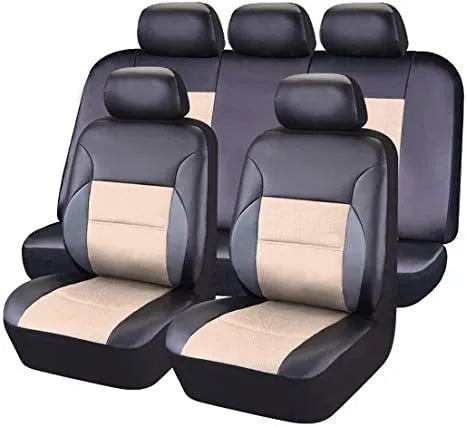 Set of black artificial leather car seat covers for front and rear seats with headrest covers