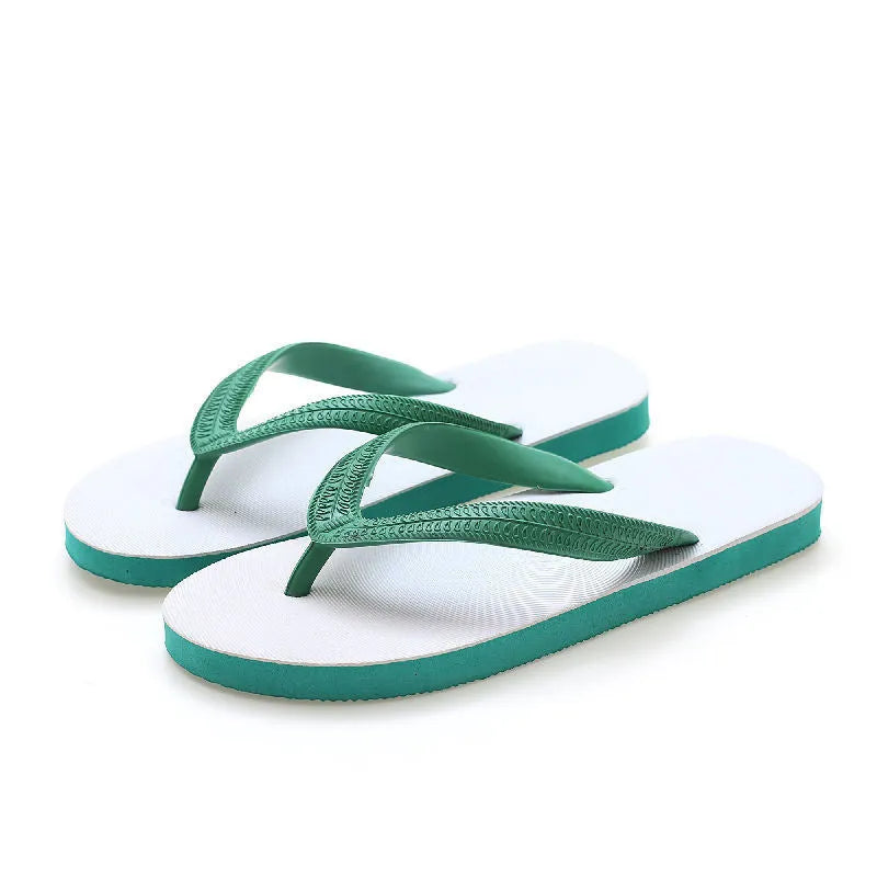 Rubber flip-flops with fish label branding in green, red, blue, and black colours showing non-slip sole