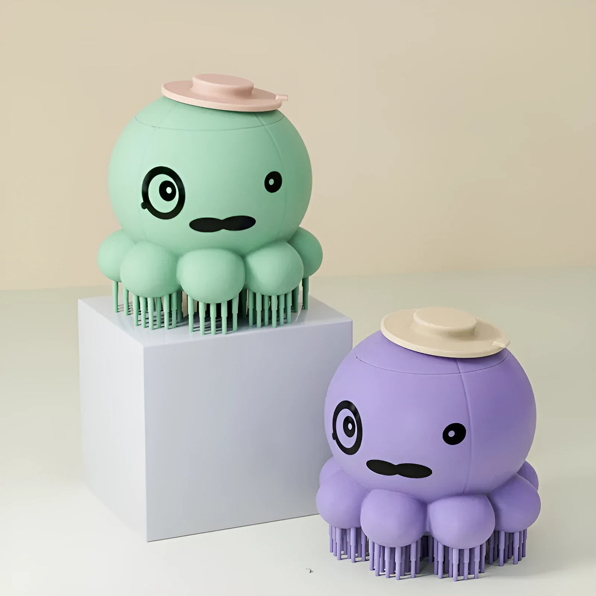 Silicone pet bath brush with body wash dispenser for dogs and cats, shown in green and purple