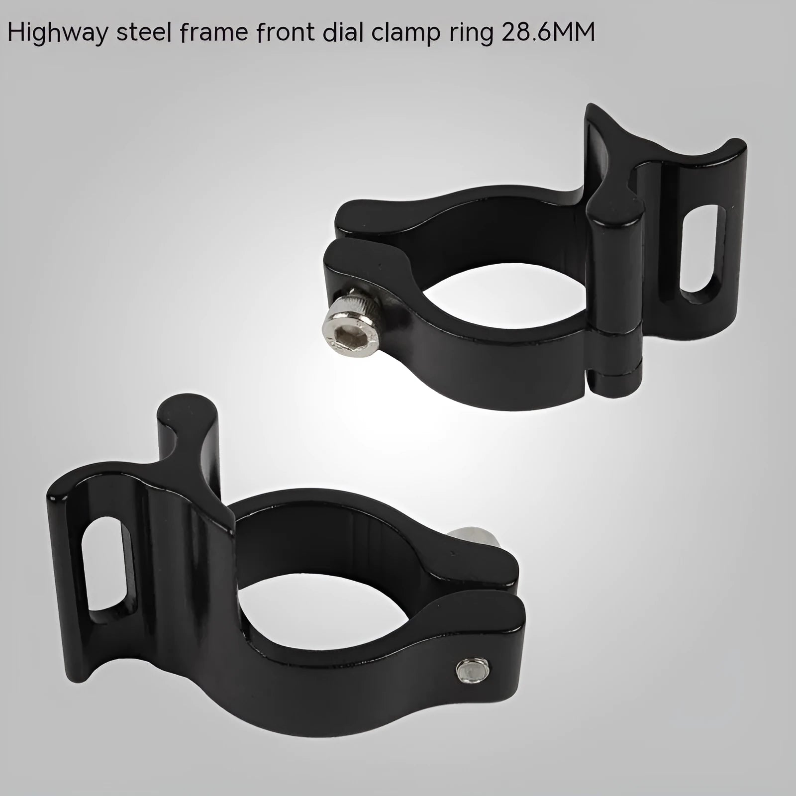 Black aluminium alloy clamp ring with 28.6mm diameter for vehicle steel frames.