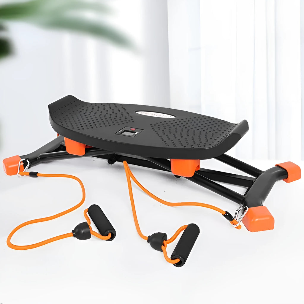 Black mini fitness skiing machine with elastic hand straps showing compact 77cm length design