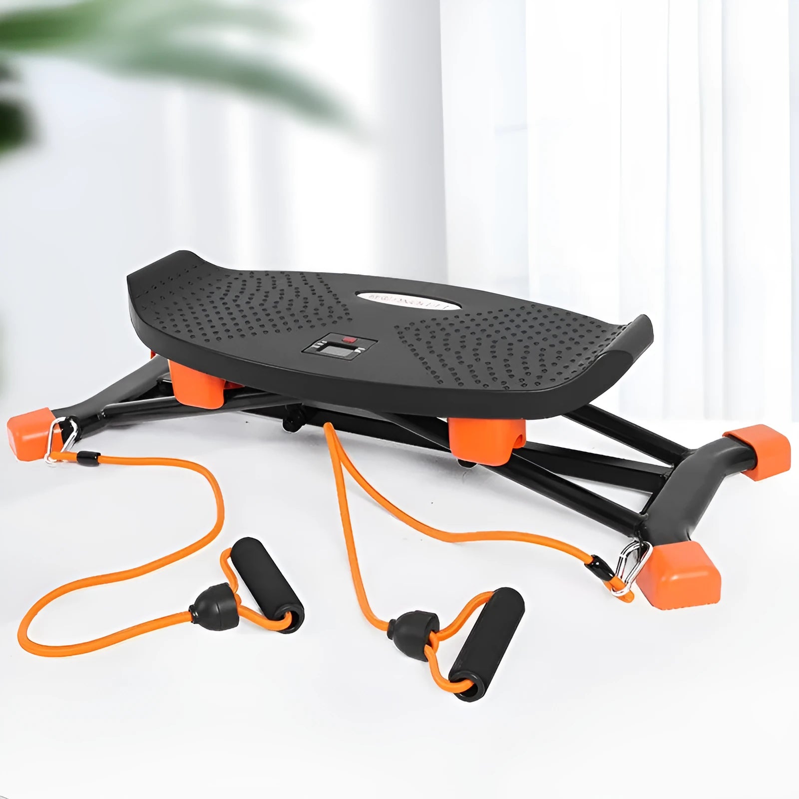 Black mini fitness skiing machine with elastic hand straps showing compact 77cm length design