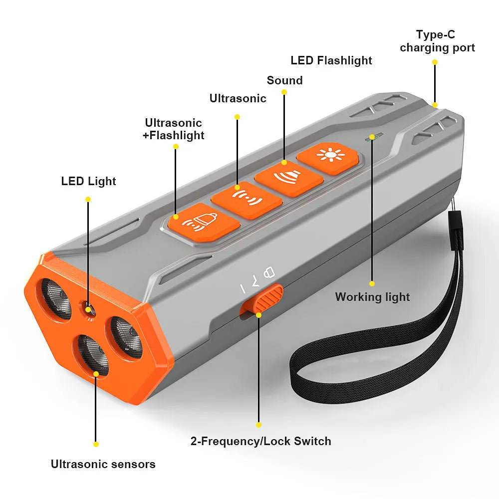 Ultrasonic dog trainer with three adjustable heads in grey and orange colour scheme.